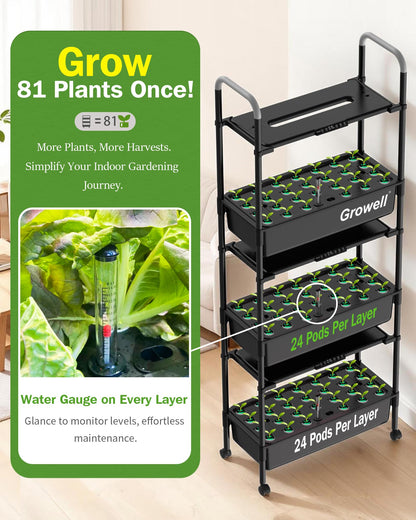 Growell Large Hydroponics Growing System Kit, 81 Pods Vertical Indoor Herb Garden Kit with LED Grow Light & Independent Water Pump, 42L Movable Indoor Planter Perfect Gardening Gifts (3 Tier-Black)
