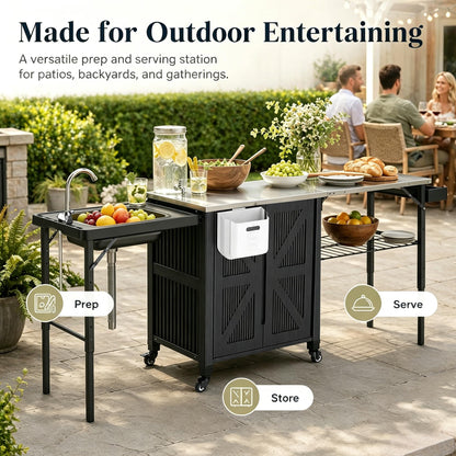 aoole Outdoor Grill Cart with Storage Cabinet, 3-in-1 Movable Kitchen Island Cart, Outdoor Grill Cooking Station with Stainless Steel Countertop&Rolling Wheels&Folding Side Tables for Backyard Patio