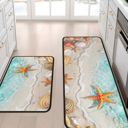 Lumiprinta Ocean Theme Tropical Beach Seashell Starfish Decorative Kitchen Rugs and Mats Set of 2, Low-Profile Floor Mats Decorations for Home Kitchen 17"x47"+17"x30"