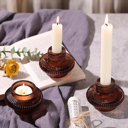 Taper Glass Candlestick Holders Tealight Candle Holders for Table Centerpieces, Fall Wedding Decor and Dinner Party Thanksgiving Christmas Decor (8 Pcs, Brown)