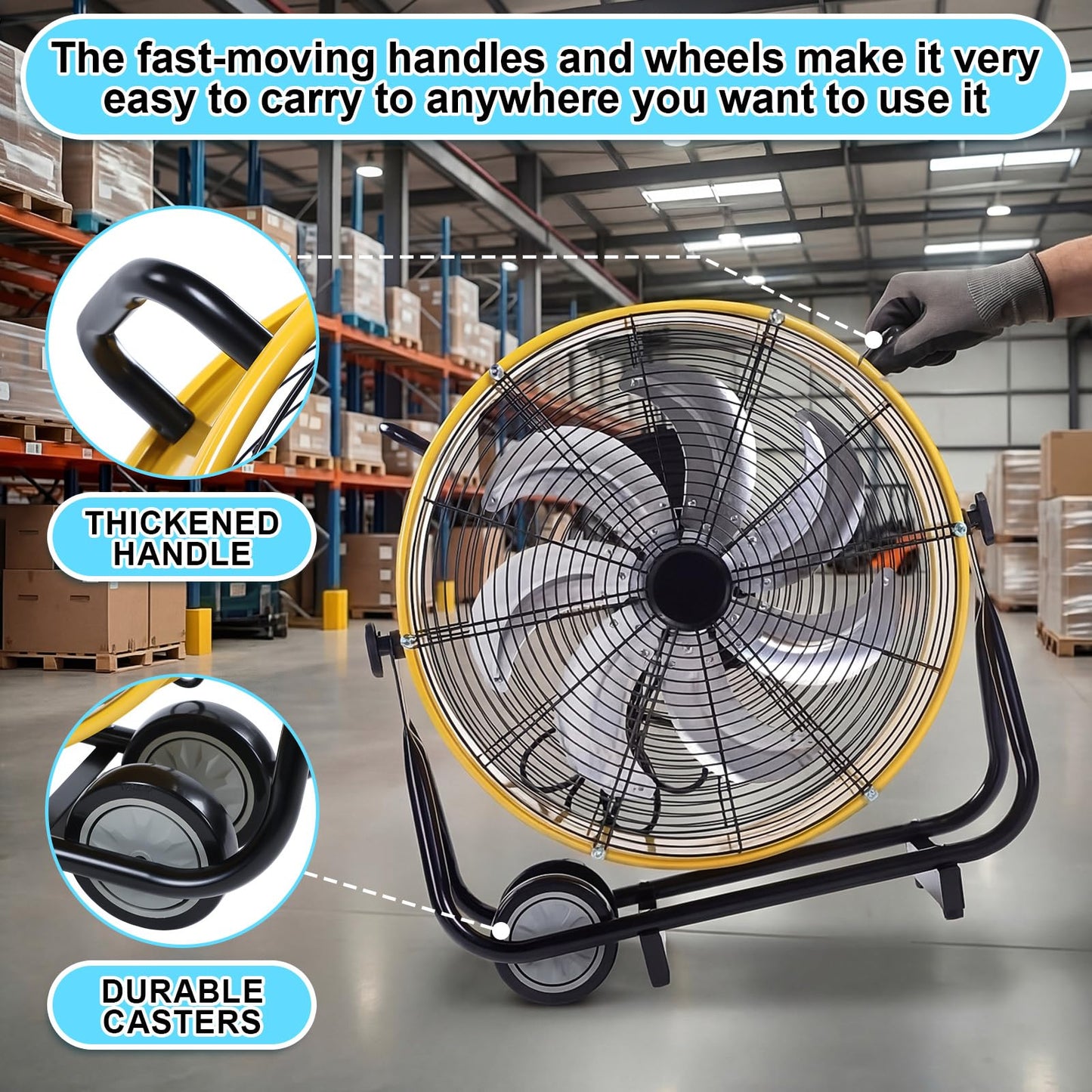 ZeahVeyora 20" High Velocity Industrial Drum Fan 7 Metal Blades Heavy Duty Metal Industrial Floor Fan 3 Speed with Handle and Roller, 360° Rotation for Warehouse Basement Factory Barn Garage(Yellow)
