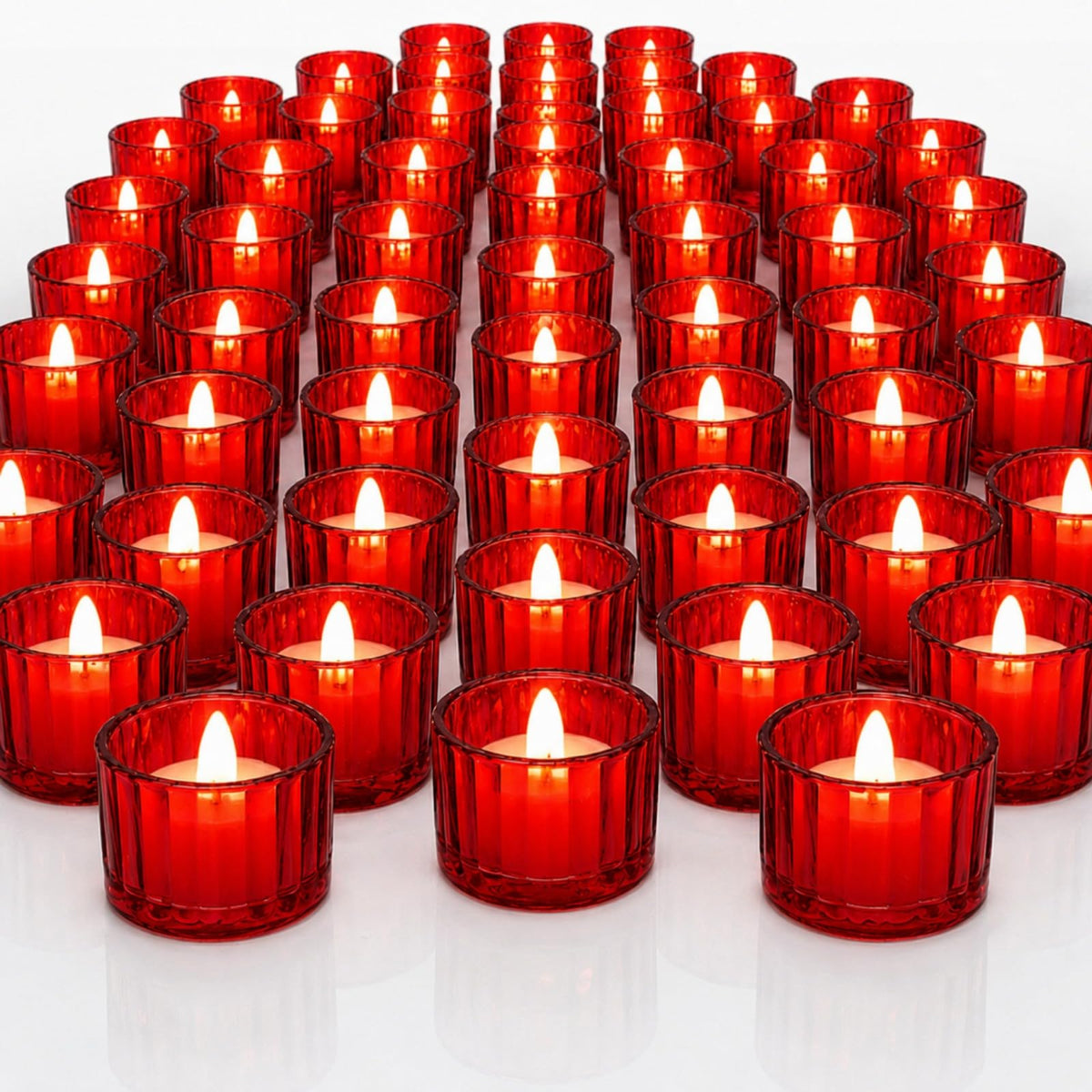 Mumufy 50 Pcs Glass Tealight Candle Holder Ribbed Votive Candle Holder for Centerpiece Wedding Proposal Spa Aromatherapy Meditation Home Decor (Red)