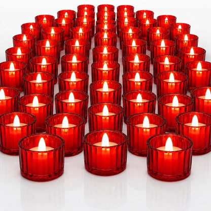 Mumufy 50 Pcs Glass Tealight Candle Holder Ribbed Votive Candle Holder for Centerpiece Wedding Proposal Spa Aromatherapy Meditation Home Decor (Red)