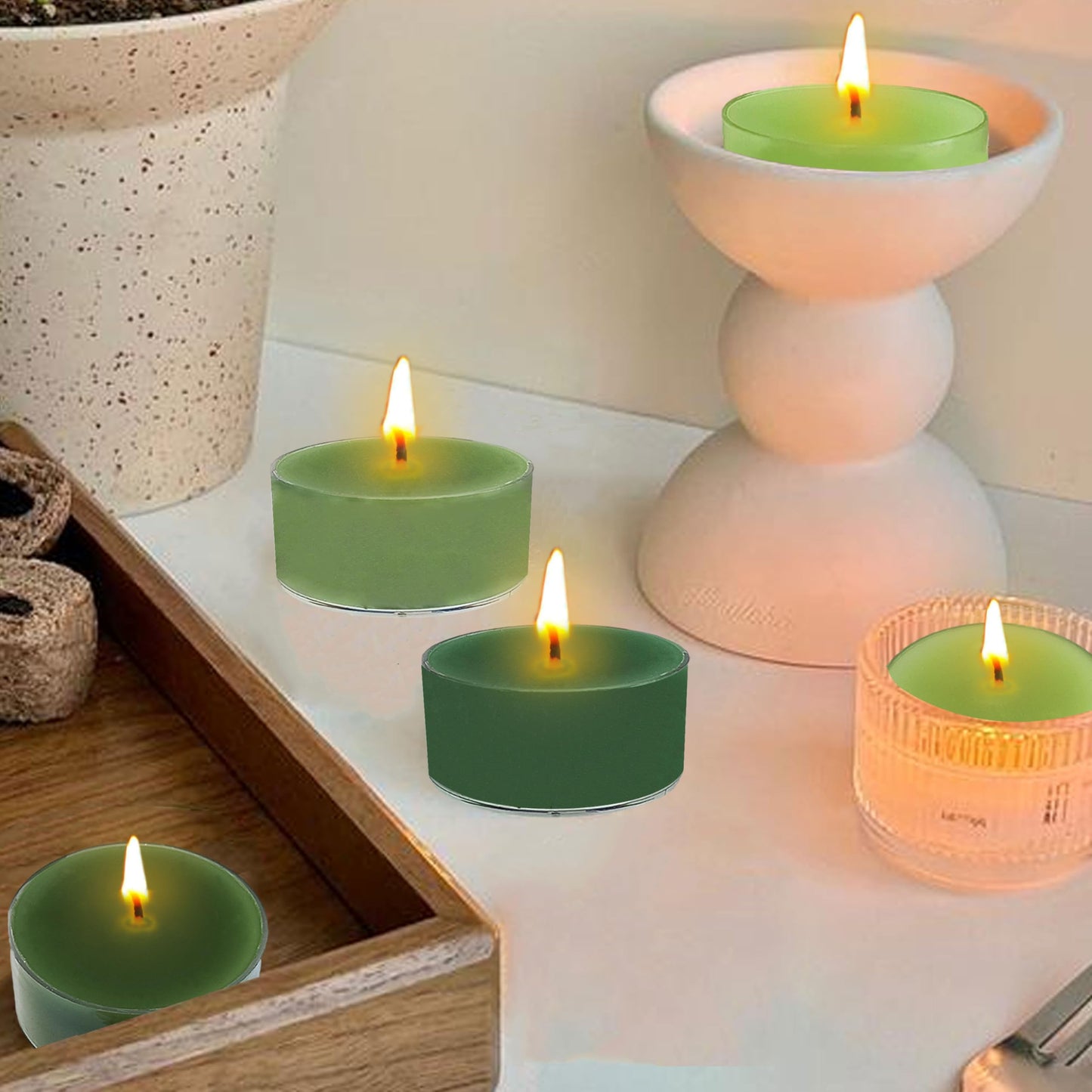Scented Tea Light Candles 12 Pack Gradient Green Hand Poured Smokeless Small Round Candles in Clear Cups for Romantic Dinners Wedding Centerpieces Cozy Evenings