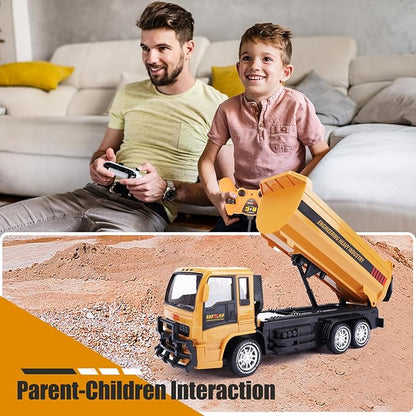 Remote Control Dump Truck for Kids 2.4GHz RC Construction Vehicle with LED Lights 45° Dumping Function 2 Rechargeable Batteries Toy Truck for Boys Girls 3 4 5 6 7 8 Years Old
