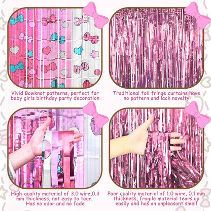 Bupelo Kawaii Birthday Decorations, 2 Pack Cartoon Cat Theme Party Supplies, 3.3 x 6.6ft Tinsel Foil Fringe Curtains, Bow Photo Booth Props, Backdrop Streamers, Perfect Room & Doorway Decor for Girls