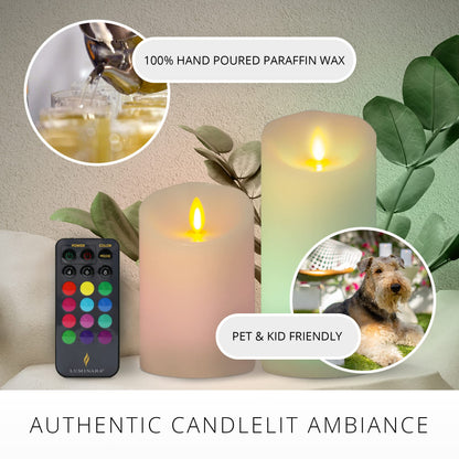 Luminara Flameless Color Changing LED Candle 3" x 6.5", Real Wax Moving Flame, Battery Operated w/ 18 Button Remote, Unscented Safe