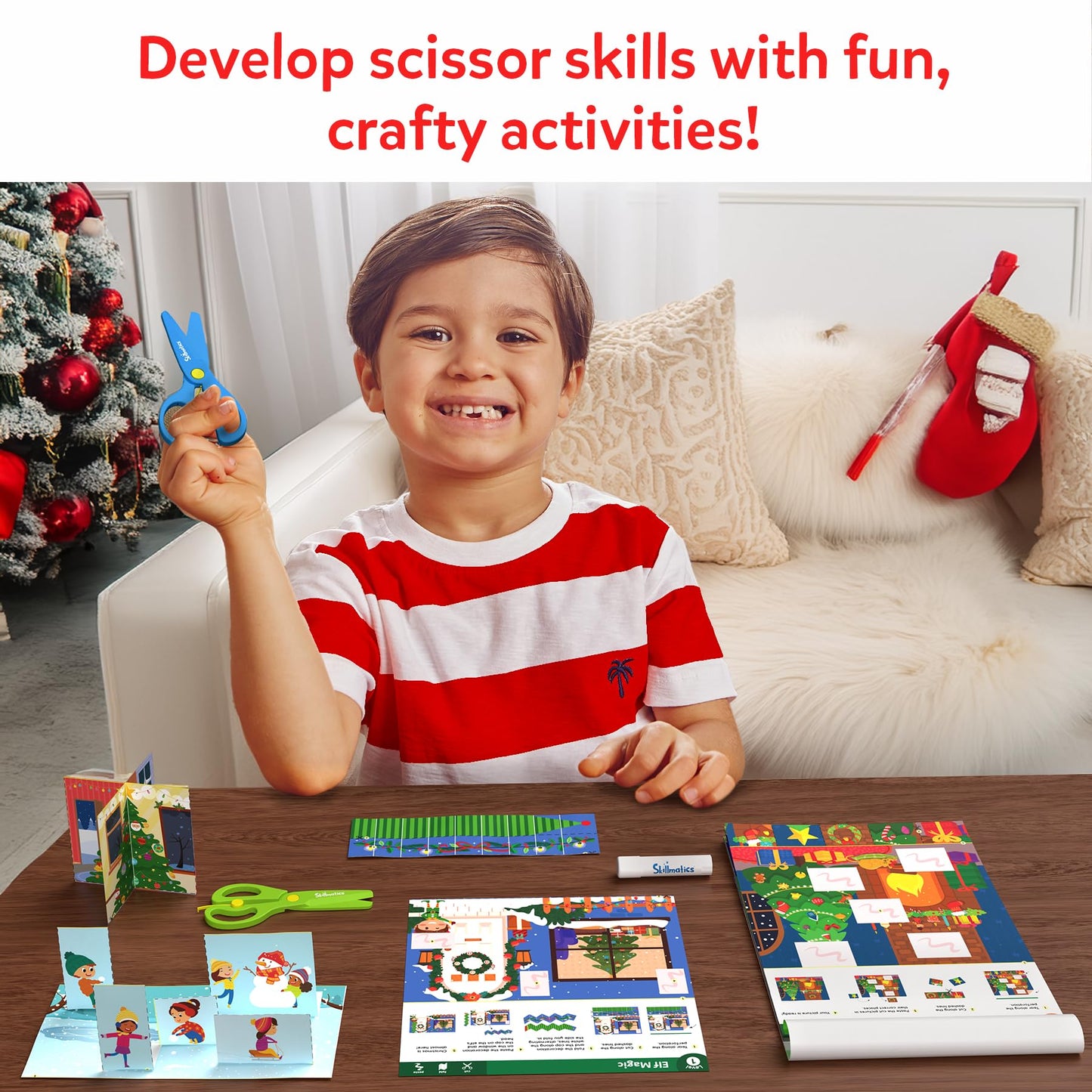 Skillmatics Scissor Skills Activity Book - Snip Snip Christmas, 25 Fun Cutting & Creative Activities for Preschoolers, 2 Child-Safe Scissors, Felt Craft Kit, Gifts for Kids Ages 3, 4, 5, 6, 7