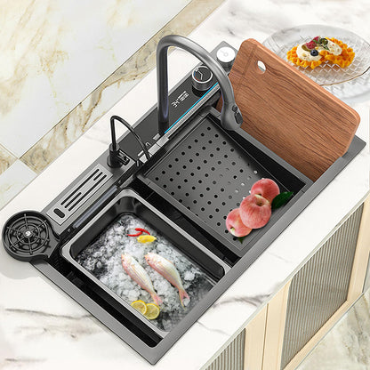 SDGRP Kitchen Sink 304 Stainless Steel Undermount Sink Drop in Single Bowl Kitchen Sinks, With Pull Down Sprayhead Faucet, With Pressurized Cup Washer and Two Waterfalls (31.5 x 18.1 inch)