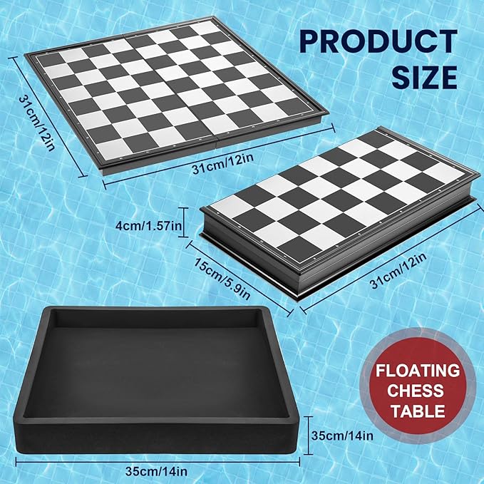 Liliful Floating Multi Game board Reversible Foldable Chess Board Tic Tac Toe Portable Travel Backgammon Chess and Checkers Game Set Pool Board Games for Family Pool Playing Board Games (3 in 1 Chess)