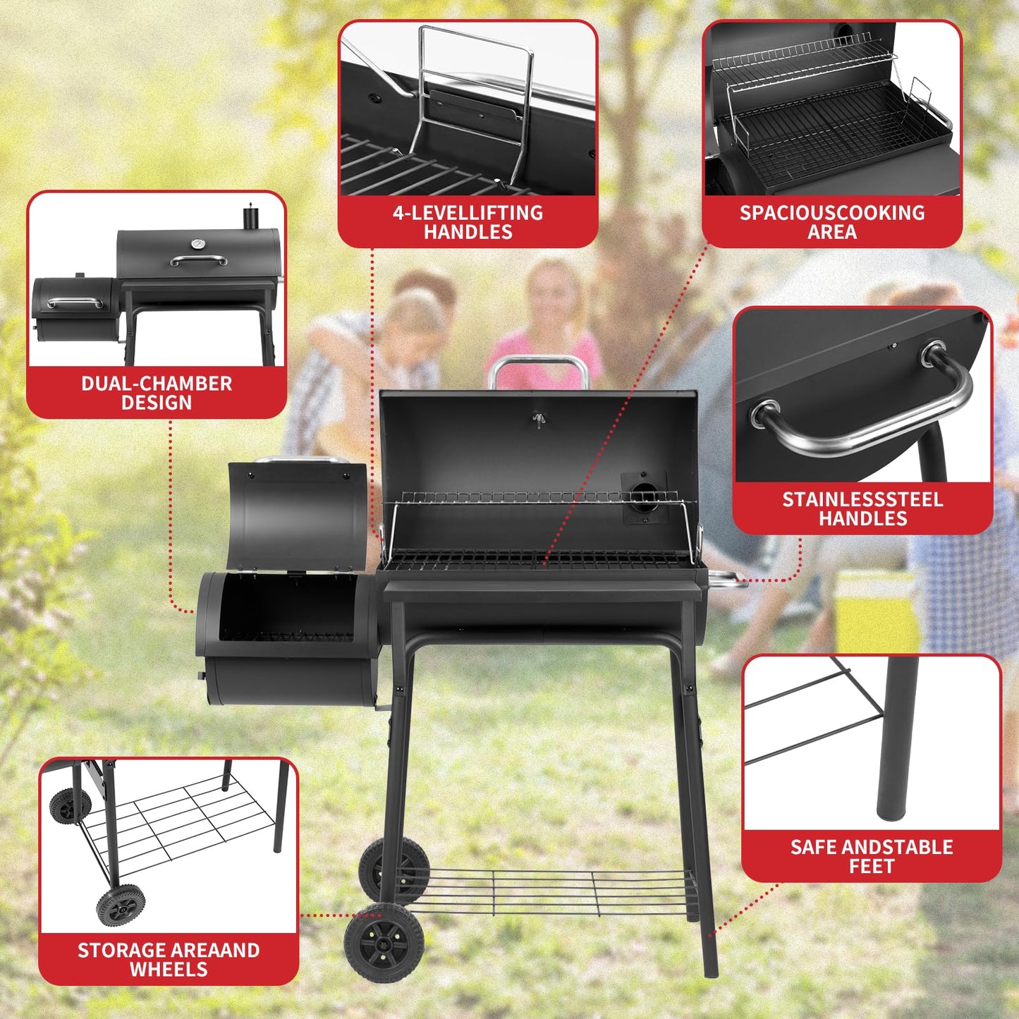 Kendane Barrel Charcoal Grill with offset smoker,550 Square Inches Cooking Area, Outdoor BBQ Grill with Front Shelf, Perfect for Backyard, Patio Parties and Picnics.