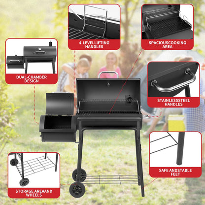 Kendane Barrel Charcoal Grill with offset smoker,550 Square Inches Cooking Area, Outdoor BBQ Grill with Front Shelf, Perfect for Backyard, Patio Parties and Picnics.