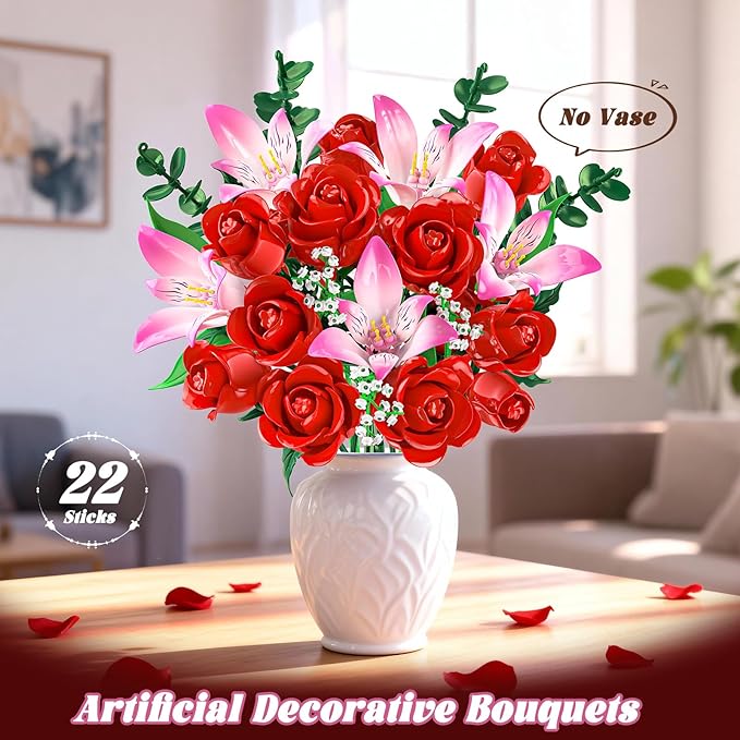 Rose Flower Bouquet Building Set with LED - Red Rose Botanical Collection Building Block Set for Adults Pink Lilies Artificial Plant for Home Decor Easter Gifts for Her Women Girls