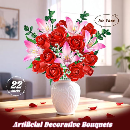 Rose Flower Bouquet Building Set with LED - Red Rose Botanical Collection Building Block Set for Adults Pink Lilies Artificial Plant for Home Decor Easter Gifts for Her Women Girls