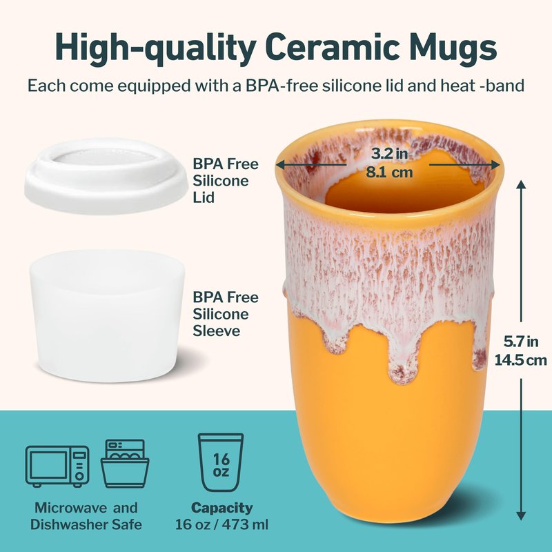 NOVA CERAMICS Ceramic Tumbler– Ceramic Travel Mug With Lid – Microwave & Dishwasher Safe Coffee White & Orange Tumbler - Gifts For Women Men Him Her – 16oz – Grapefruit