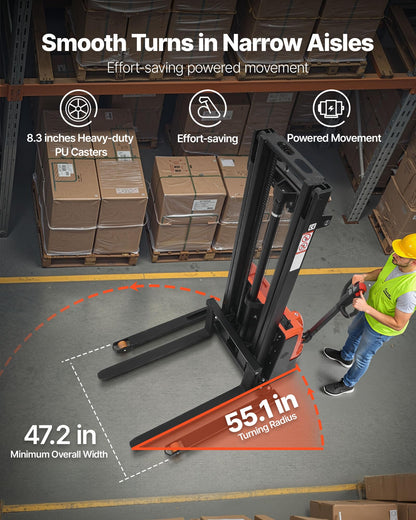 VEVOR Full Electric Pallet Stacker, 3300 lbs Capacity, 130'' Lifting Height, Pallet Lift Stacker Forklift with Straddle Legs & Forks, 8.66-31.1 Inches Adjustable Fork Width, Orange & Black