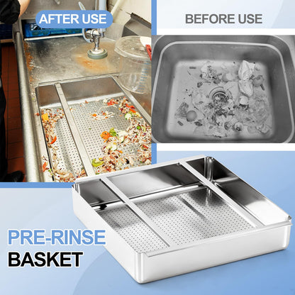 Tuanse Commercial Pre Rinse Basket for Restaurant Sink 19.5 x 19.5 x 4 Inch Heavy Duty Stainless Steel Sink Strainer Basket with Slides Large Capacity Food Waste for Dishwashing Station Kitchen