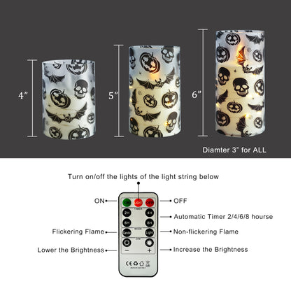 Flickering Flameless Candles Halloween Bat Embedded Star String Lights, Battery Operated Acrylic LED Pillar Candles with 11-Key Remote and Timer for Home Decoration, 3 Pack