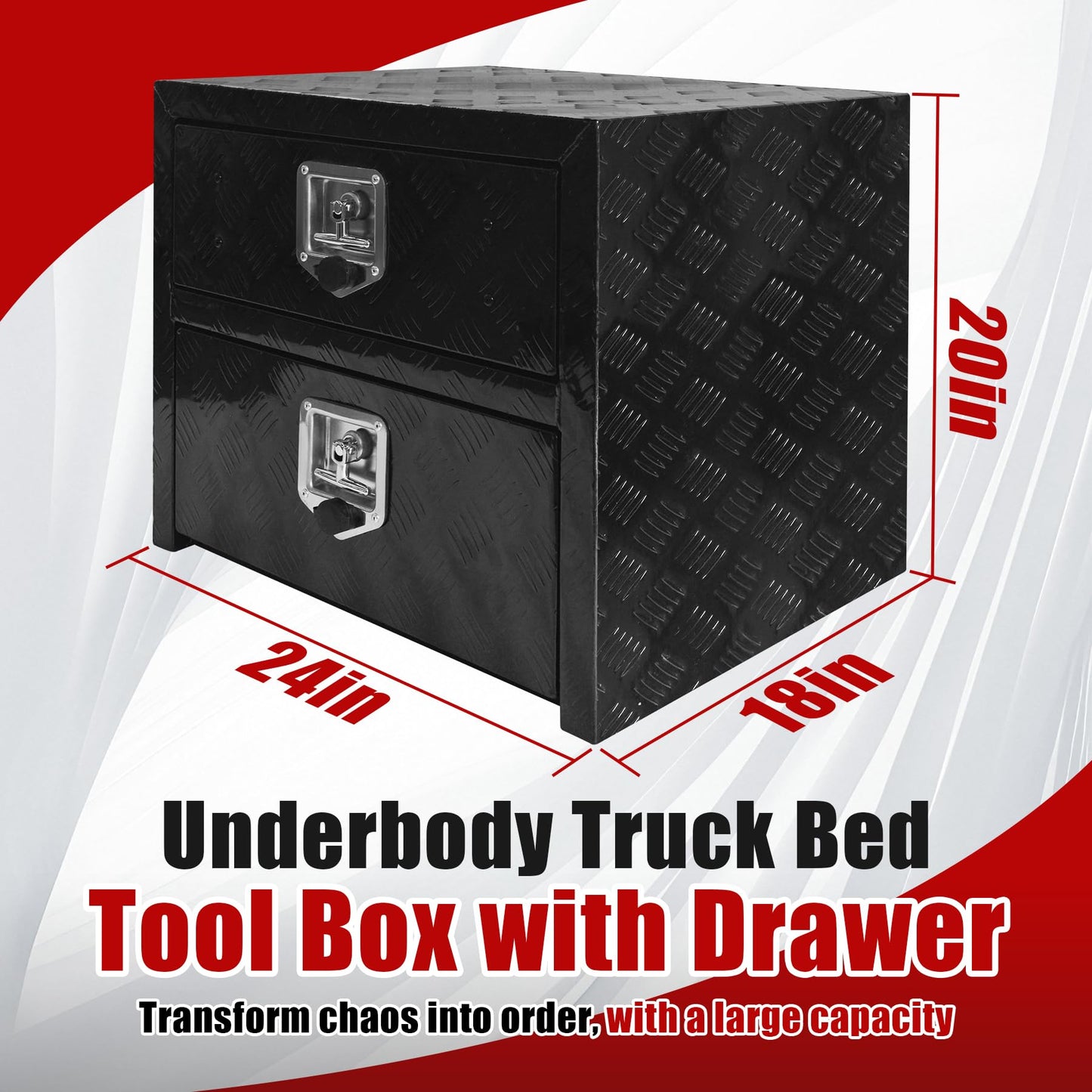 Underbody Truck Tool Box 24"x 18"x 20" Heavy Duty Double-Layer Aluminum Truck Bed Toolbox with Drawer and Lower Door Tools Storage Organizer with Lock and Keys Suitable for Truck Bed Pickup RV Trailer