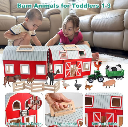 Wooden Barn Toys Play Barn with 12 Animal Play Figures for 3+ Years Old Toy Barn and Farm AnimalsWooden Barn Playset for Christmas Birthday Gift for Boys Girls
