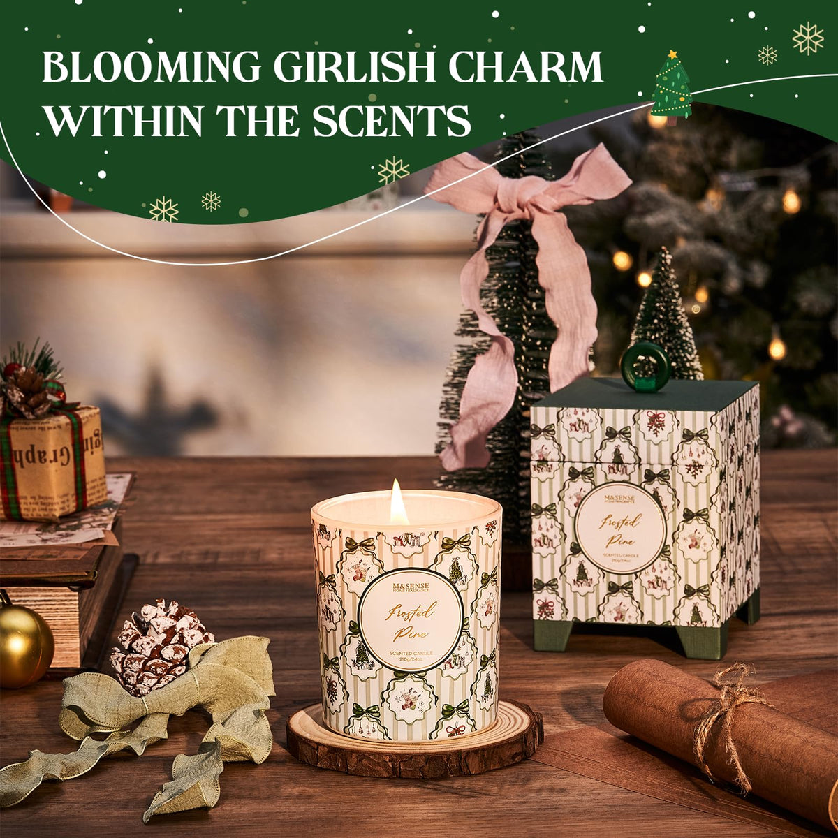 M&SENSE Christmas Holiday Candle - Frosted Pine Scent, 7.4oz Soy Wax, Winter Scented Candle Gift for Women and Teen Girls
