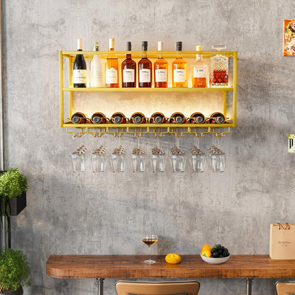 AKOGG Modern Wine Rack Wall Mounted with Glass Holder,Metal Liquor Shelf, Floating Bar Shelves,Liquor Bottle Display Shelf,Hanging Large Capacity Wine Storage Racks for Home Kitchen Dining Room