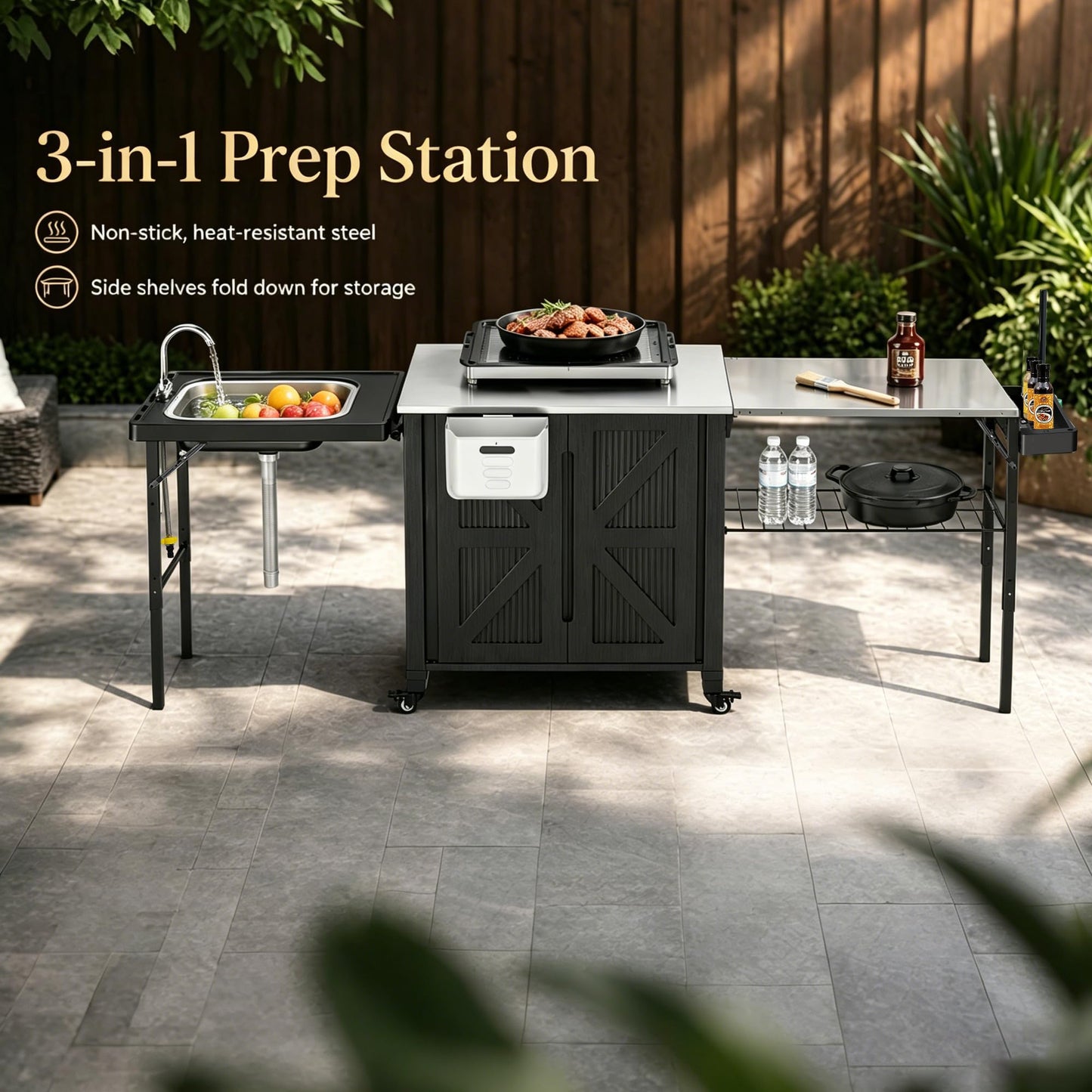 aoole Outdoor Grill Cart with Storage Cabinet, 3-in-1 Movable Kitchen Island Cart, Outdoor Grill Cooking Station with Stainless Steel Countertop&Rolling Wheels&Folding Side Tables for Backyard Patio