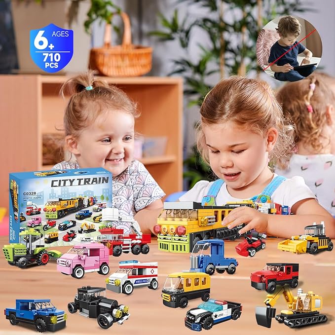 16 Pack Building Blocks Party Favors for Kids Lego-Compatible 2 in 1 710pcs Building Kits Mini City Vehicles Include Police Car &amp Train Christmas Toy Gifts Goodie Bag Filler Stuffers for Boys Gi