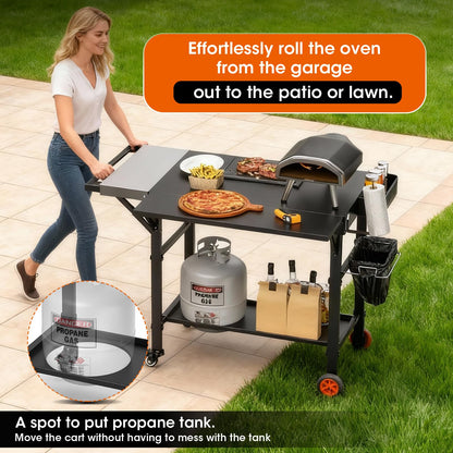 Pizza Oven Table for Ooni Pizza Ovens, Grill Cart Table with Topping Station, Pizzas Stands with Wheels, Expansive Countertop Pizzas Oven Accessories for Party Fits Blackstone Ninja Cuisinart Gozney