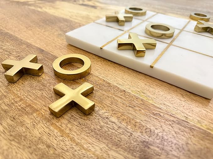 Marble Tic Tac Toe Game 8x8 Premium Handcrafted Natural Marble Board Game Modern Coffee Table and Home Decor Perfect for Living Room Unique Gift Decorative Board Game Set White and Gold XO
