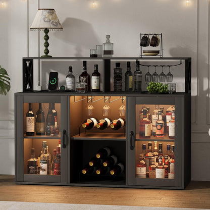 BouPower 47" Wine Cabinet with LED Light, Home Coffee Cabinet with Wine Rack and Glass Holder, Coffee Bar Buffet Sideboard Storage with Power Outlets, for Living Room, Dining Room, Black
