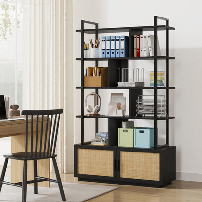 CABIHOME 5 Tier Rattan Bookshelf with Storage Cabinet & Door, 71.1 Inch Tall Industrial Book Shelf with Open Display Shelves, 5 Shelf Bookcase with Metal Frame for Living Room, Bedroom (Black)
