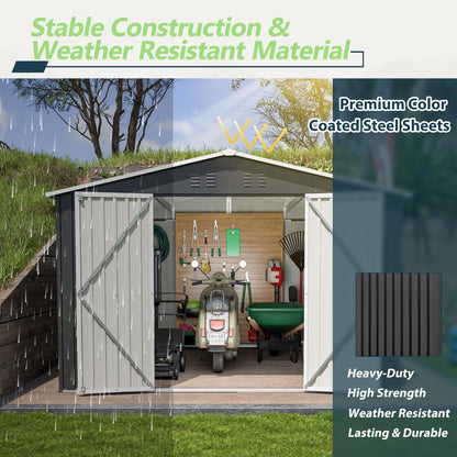 10'x10' Galvanized Steel Storage Shed with 4 Top Air Vents, Lockable Double French Door Large Garden Tool Shed, Black