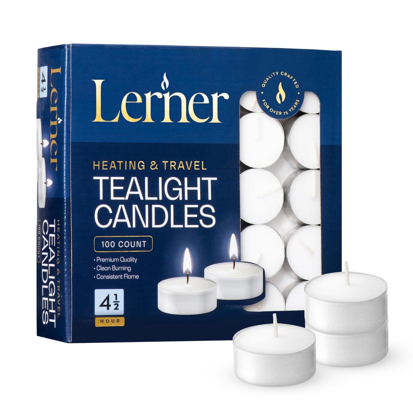 Lerner Tealight Candles, 100 Count| 4.5 Hours Long-Burning White Tea Light Candles| Non-Toxic, Smokeless & Soot-Free Tea Light Warmer Candles | Unscented Party, Décor, Shabbat Tea Candles