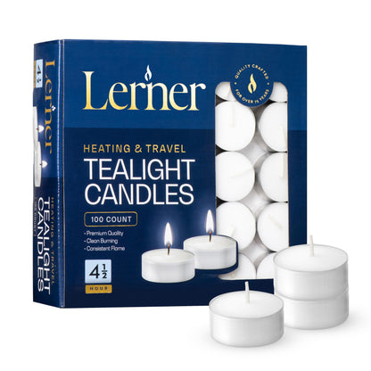 Lerner Tealight Candles, 100 Count| 4.5 Hours Long-Burning White Tea Light Candles| Non-Toxic, Smokeless & Soot-Free Tea Light Warmer Candles | Unscented Party, Décor, Shabbat Tea Candles