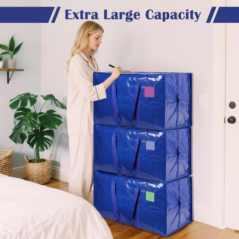 RMOHRO 12 Pack Moving Bags with Full-Open Side Zipper, Extra Large 93L Heavy Duty Waterproof Foldable Storage Totes for College Dorm, Moving & Home Organization Blue