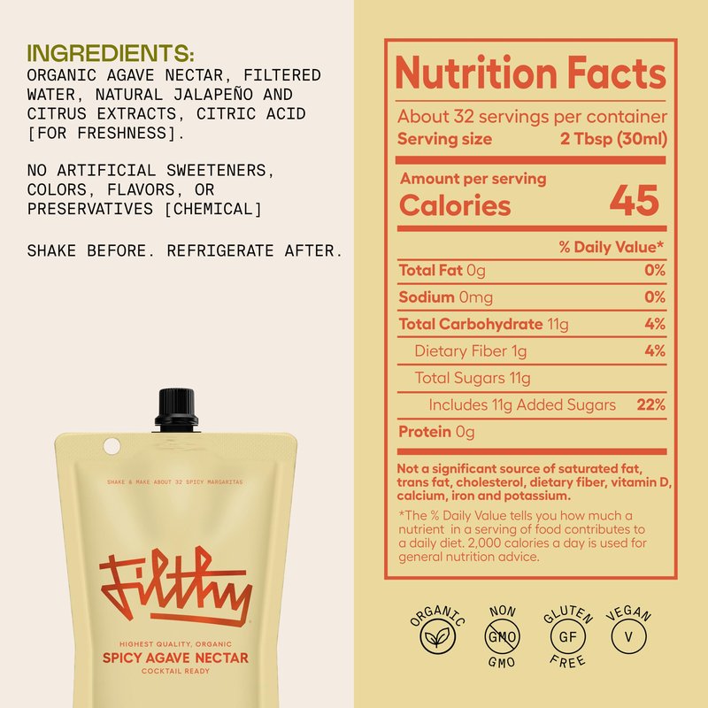 Filthy Spicy Agave Nectar All Natural Cocktail Mixer - Organic, Cocktail-Ready Agave Made With 100% Organic Blue Weber Agave - For Use in Margaritas and Your Favorite Cocktails, 32 oz Pouch, 1 Pack