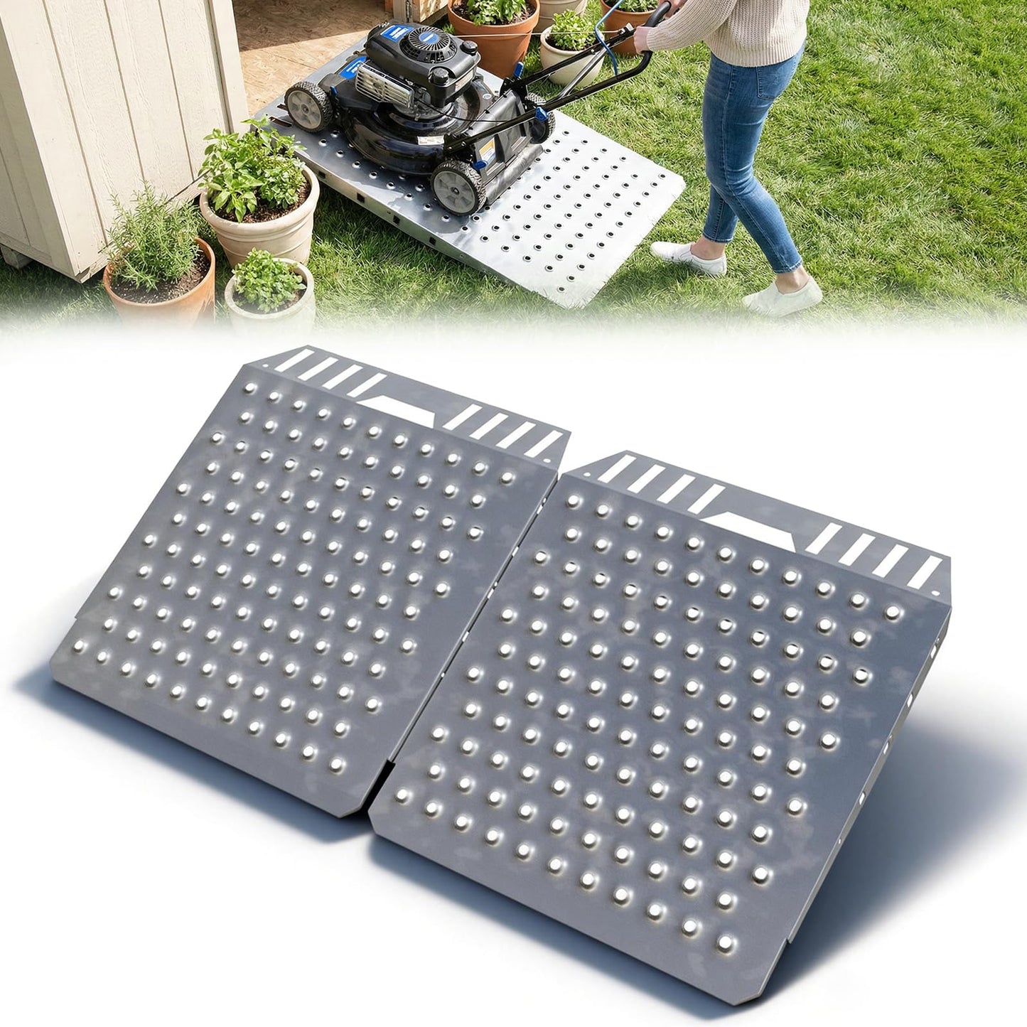 Heavy-Duty shed ramp 1500LB Galvanized Steel Perforated Plate ramp with Anti-Slip Design, Suitable for lawnmowers, All-Terrain Vehicles,and Garage Door Sills. (Silver, 2PCS (29" L x 48" W))