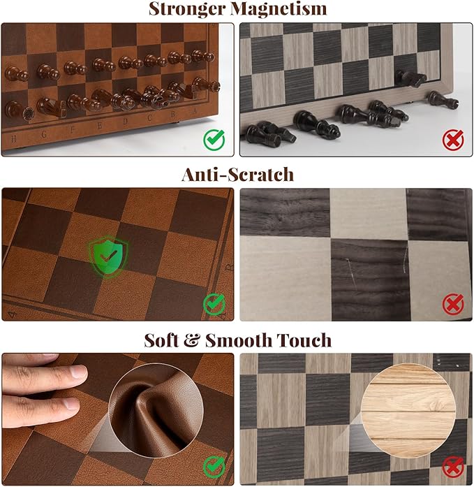 Strong Magnetic Chess Set for Adults &amp Kids 15.4 Leather Chess Board &amp Handcrafted Wooden Chess Pieces with Storage Slots Portable Travel Chess Game for Beginner and Professional