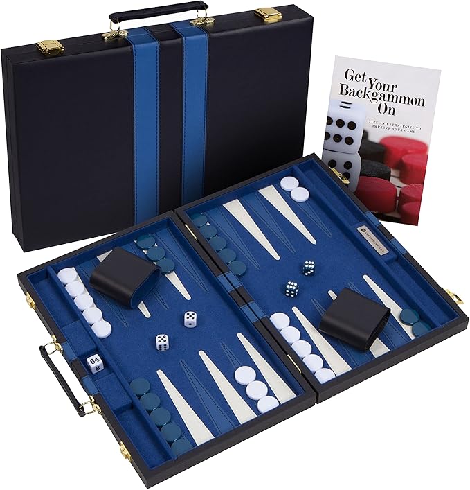 Get The Games Out Top Backgammon Set - Classic Board Game Case - Best Strategy &amp Tip Guide - Available in Small Medium and Large Sizes (Blue Large)