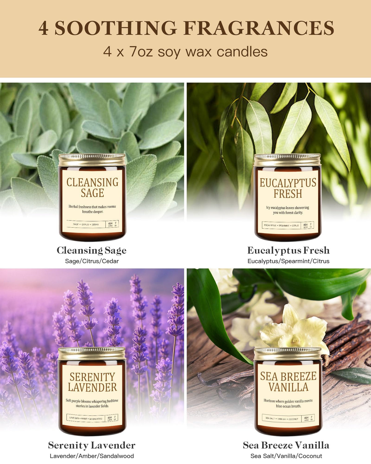 4 Pack Scented Candles for Home Scented: Soy Candles for Women, Up to 200H Burning Aromatherapy Candle Set, Jar Candle Gift Set for Birthday Valentine's Day, Scents of Sage/Vanilla/Lavender/Eucalyptus