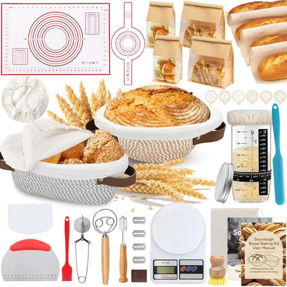 Aliggbent 38Pcs Sourdough Bread Baking Supplies – 11'' Oval & 10'' Round Cotton Rope Banneton Bread Proofing Baskets with Liners & Covers, Sourdough Starter Jar Kit, Scale, Bags & Bread Making Tools