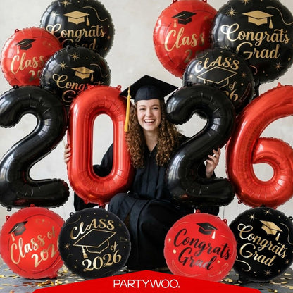 PartyWoo Graduation Balloons Class of 2026 Black Red Gold 12pcs Balloons 40 Inch 2026 Foil Number Balloons 18 Inch Congrats Grad Mylar Balloons for Black Red Graduation Decorations Party Supplies