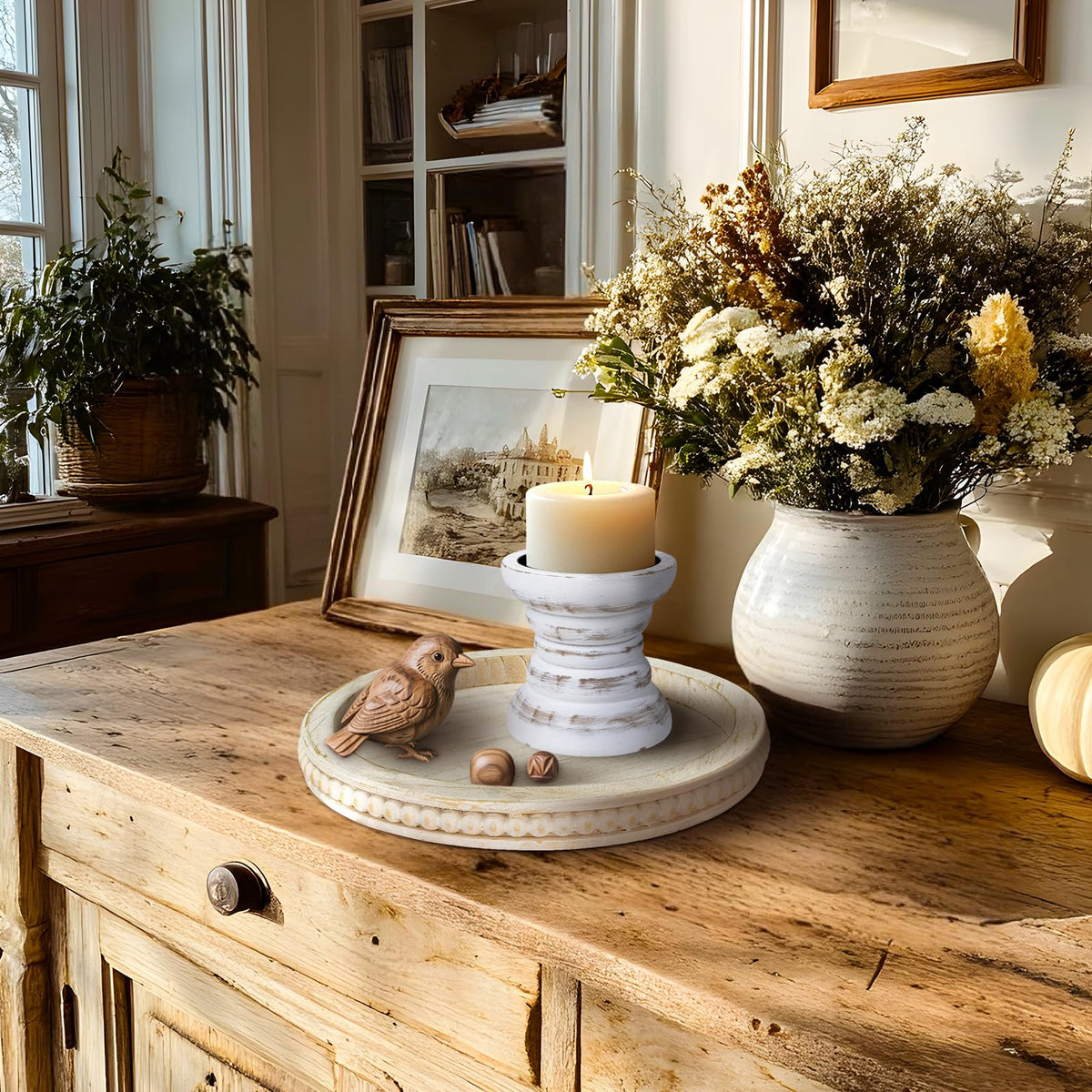 Pillar Candle Holder, Farmhouse Wood Candle Holder, Rustic Wooden Candle Stand, Vintage Small Wooden Candlestick Holders for Living Room, Table Centerpiece, White