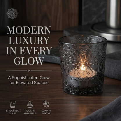 12 Pack Mandala Embossed Glass Candle Holders – Votive Tealight Holders with Patent Design, Decorative Embossed Glass Cups for Wedding Centerpieces, Parties, and Home Décor (Smoky Quartz)