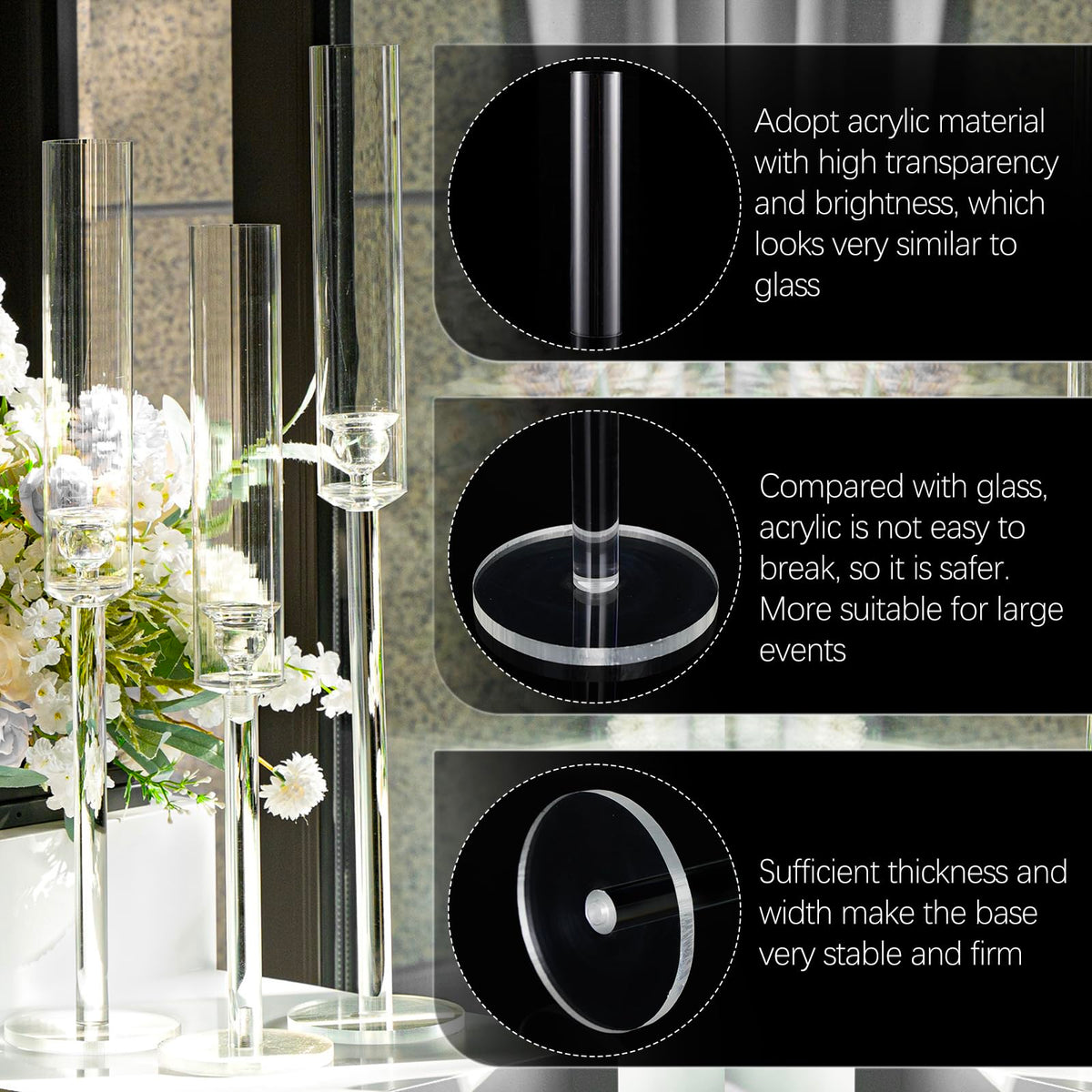 Vincidern 12pcs Clear Taper Candle Holder Centerpieces for Tables, Acrylic Candlestick Holder for Table, Long Candle Stick Candle Stand for Wedding Party Holiday, Event Decor