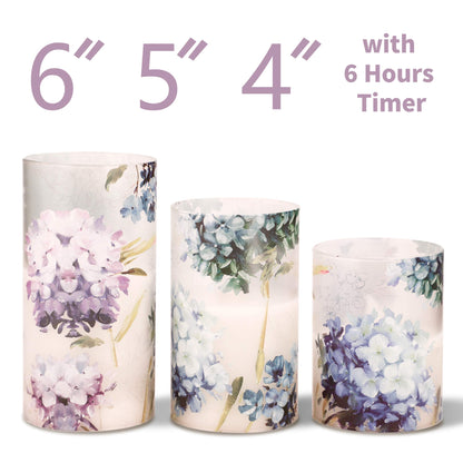 Silverstro Hydrangea Flameless Candles with Remote Blinks Glass Real Wax LED Candles - Home Party Wedding Romantic Love Theme Summer Holiday Decor - Set of 3