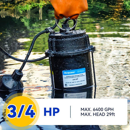 Acquaer Sewage Pump, Cast Iron, Automatic Tethered Float Switch, Sewage Effluent Pump for Sump Basin, Basement, Residential Sewage, 2'' NPT Discharge, Dark