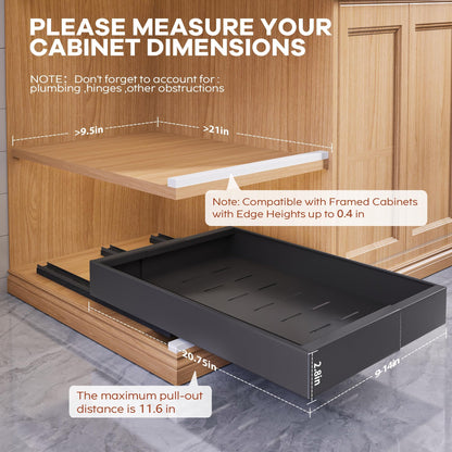 Seinloes 4 Pack Expandable Width (9"-14.1") Pull Out Cabinet Organizer 21" Deep with Raising Pad for Framed Cabinets, Upgrade 3 Slide Rails Slide Out Drawers, Roll Out Shelves Adhesive, Black