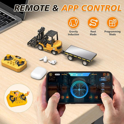 1/64 RC Forklift Toy 3 in 1 Mini Forklift Remote Control &amp App Remote Control Forklift with Trailer &amp Fork &amp Hook 10CH Alloy RC Construction Vehicles Desktop Toy for Adults Kids Boys Gi